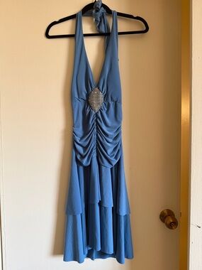 Star Vixen Blue One-Shoulder Halter Dress with Rhinestone Accent